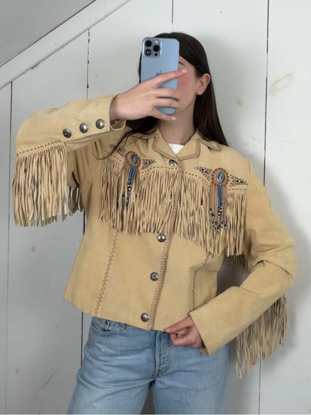 Cripple Creek Tan Suede Leather Fringe Western Jacket Womens L Beaded Medallions - Picture 9 of 15